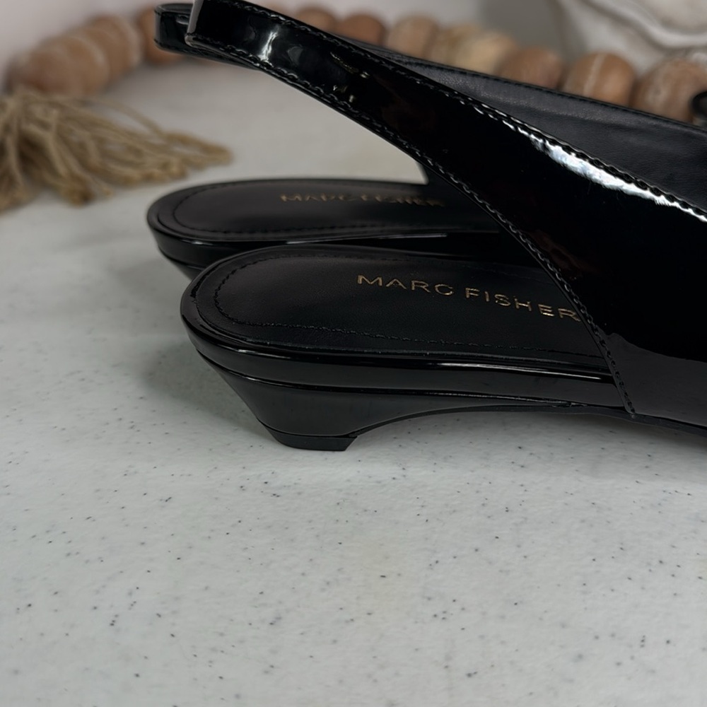 Marc Fisher Black Patent Pointed Toe Slingback Flats with Bow - Picture 11 of 13